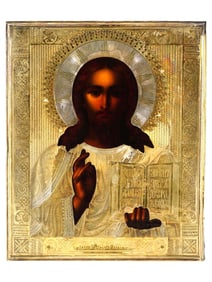 ANTIQUE RUSSIAN ORTHODOX JESUS ICON IN SILVER RIZA