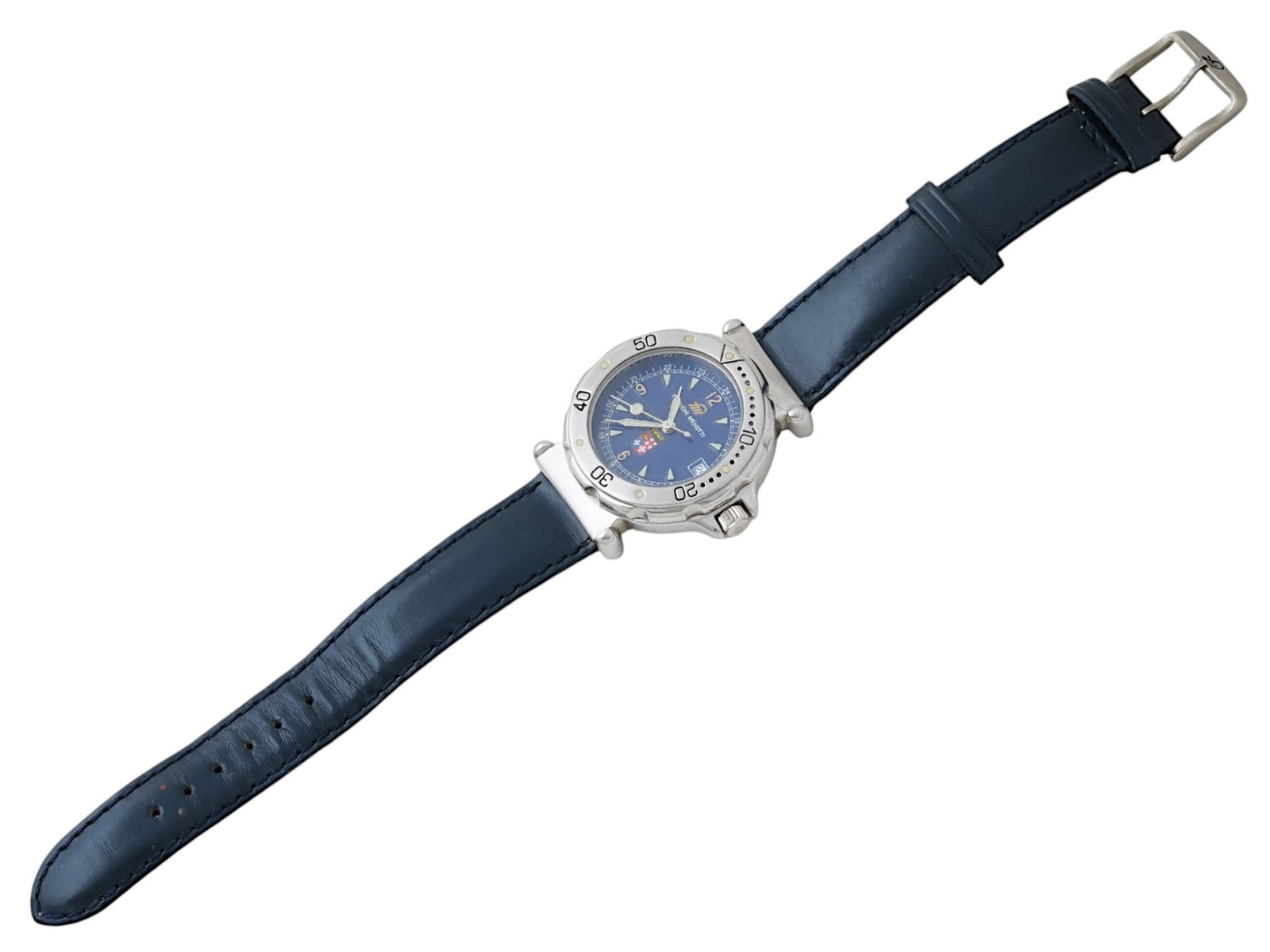 VINTAGE SWISS MADE FRANCHI MENOTTI QUARTZ WRIST WATCH: A vintage Swiss made Franchi Menotti quartz ladies wristwatch. The watch has a blue dial with Arabic numerals and a date window. Marked with the company logo on the dial and on the back. Black leather