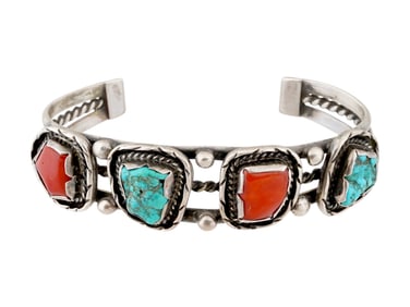 SILVER TURQUOISE CORAL CUFF BRACELET
