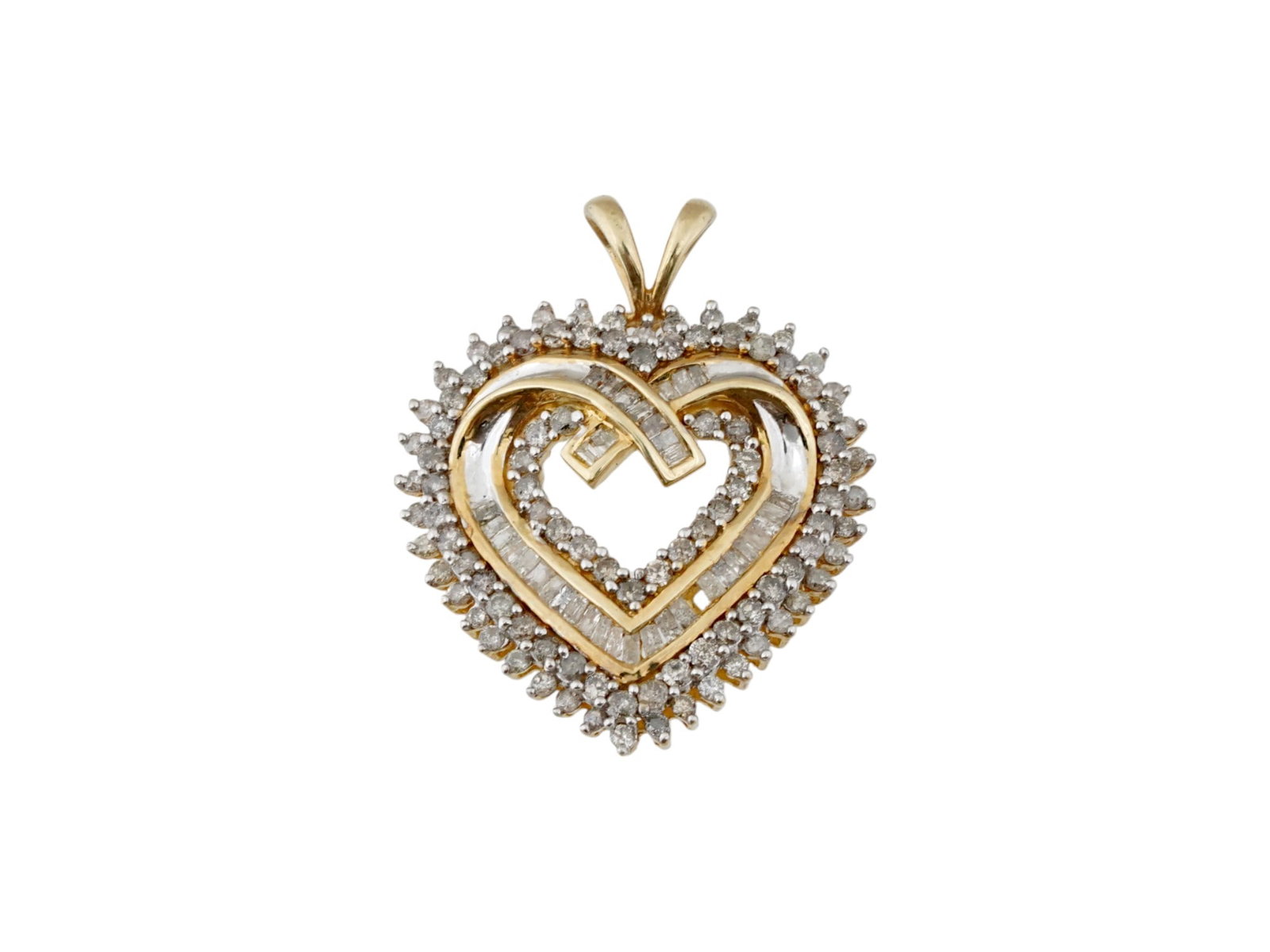 10K GOLD AND DIAMONDS OPEN HEART PENDANT: A vintage 10K yellow gold open heart pendant. The piece is richly embellished with four rows of over 2.5 carat white diamonds and baguette cut diamonds. Marked 10K, D and G on the inside. Luxury Jewel
