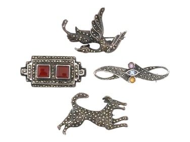 VINTAGE STERLING SILVER MARCASITE PINS AND BROOCHES