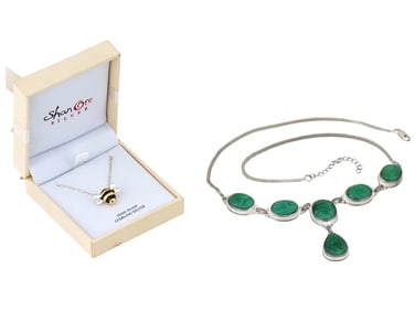 VINTAGE STERLING SILVER BEE AND EMERALD NECKLACES