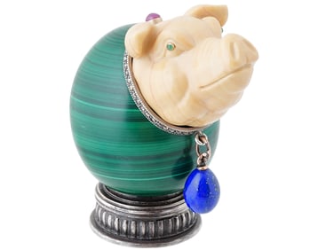 RUSSIAN CARVED MALACHITE JASPER GOLD PIG FIGURINE