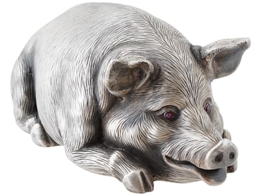 LARGE RUSSIAN SILVER PIG FIGURINE WITH RUBY EYES