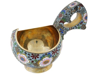 EXTRA LARGE RUSSIAN 88 SILVER CLOISONNE ENAMEL KOVSH