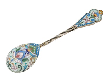 RUSSIAN GILT SILVER CLOISONNE ENAMEL SERVING SPOON