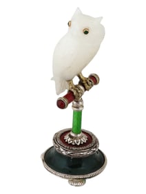 RUSSIAN SILVER ENAMEL WHITE JADE EMERALD OWL FIGURE