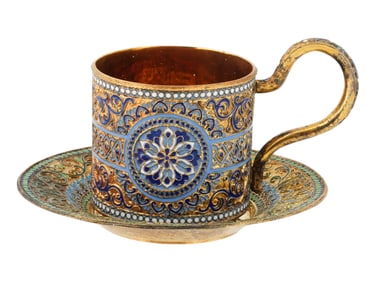RUSSIAN GILT SILVER CLOISONNE ENAMEL TEA PAIR