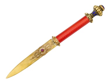 RUSSIAN SILVER GUILLOCHE ENAMEL LETTER OPENER W RUBIES