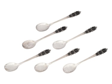 SET OF 6 SOVIET ERA ENAMEL SILVER SPOONS W FLOWER DECOR