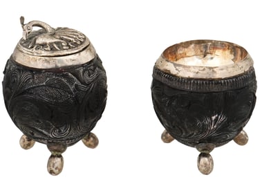 PAIR OF 19TH CEN INDIAN COCONUT SILVER SALT CELLARS