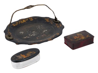 THREE ANTIQUE VICTORIAN CHINOISERIE BOXES AND TRAYS