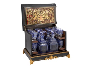 ANTIQUE 19TH C FRENCH DECANTER SET IN BOULLE CHEST