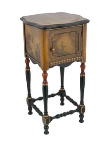ANTIQUE EUROPEAN WOODEN SIDE TABLE ORIENTAL PAINTINGS