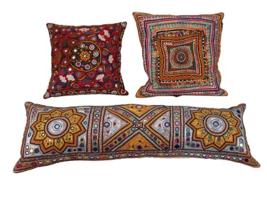SET OF 3 VINTAGE INDIAN EMBROIDERED TEXTILE PILLOWS