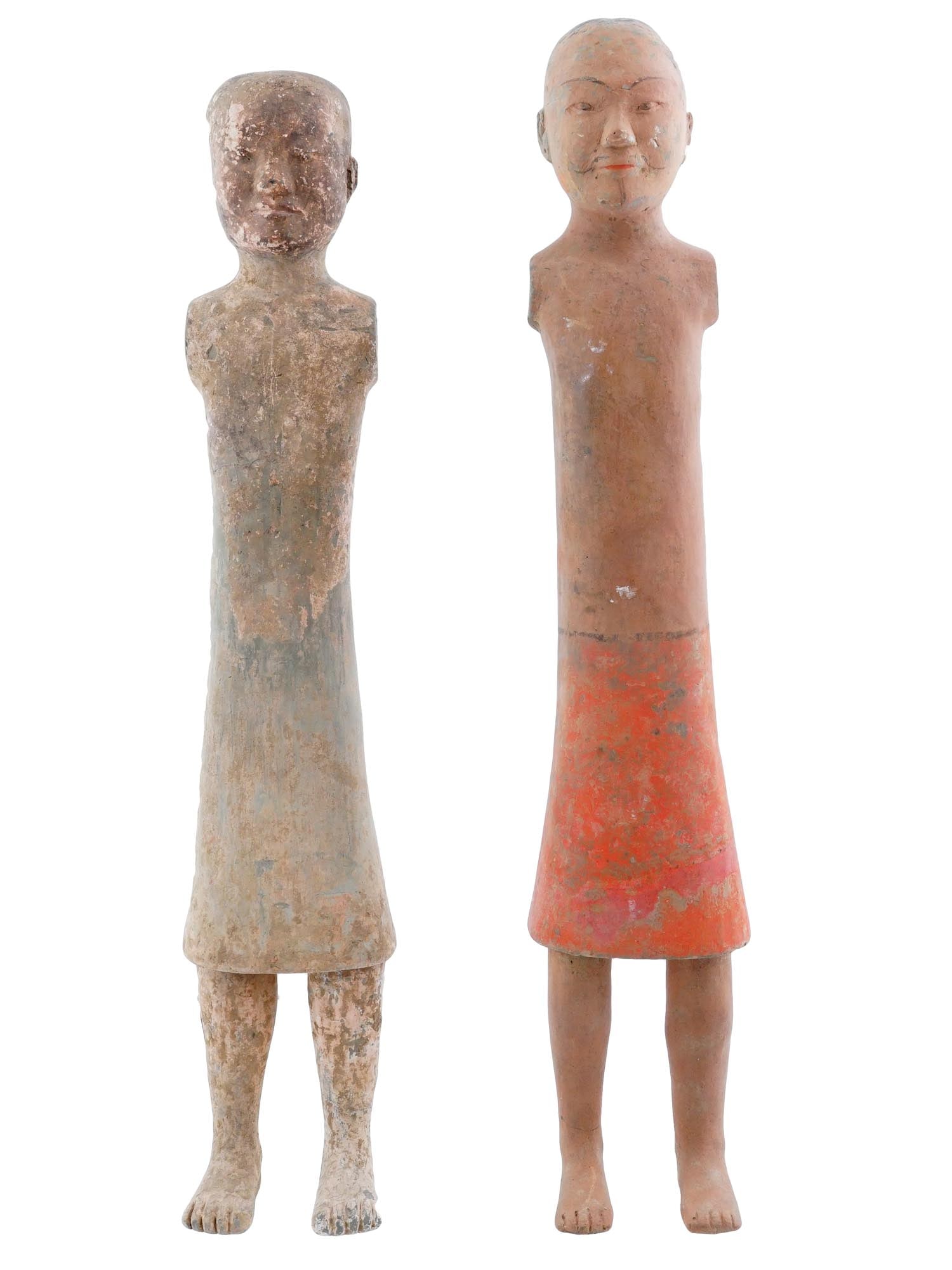 CHINESE HAN MANNER WARRIOR TERRACOTTA POTTERY FIGURES: A pair of ancient Chinese Han Dynasty manner hollow moulded grey pottery terracotta tomb stick figurines of standing warrior men. These kinds of statuettes are known as Stick Figures due to their elon