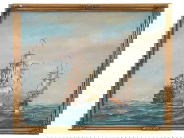OIL BATTLE SEASCAPE SCENE PAINTING BY J HARVEY