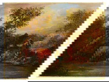 ANTIQUE PASTORAL LANDSCAPE SCENE OIL PAINTING