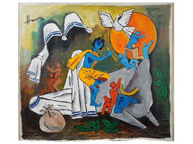 INDIAN ACRYLIC PAINTING SIGNED MAQBOOL F HUSAIN W COA