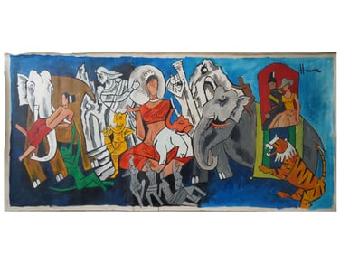 INDIAN ACRYLIC PAINTING SIGNED MAQBOOL F HUSAIN W COA