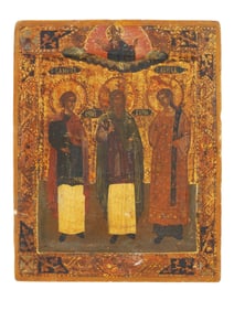 ANTIQUE 19TH C RUSSIAN ICON OF THREE SAINTS