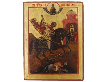 ANTIQUE 19TH C RUSSIAN ICON OF THE MIRACLE OF ST DMITRY
