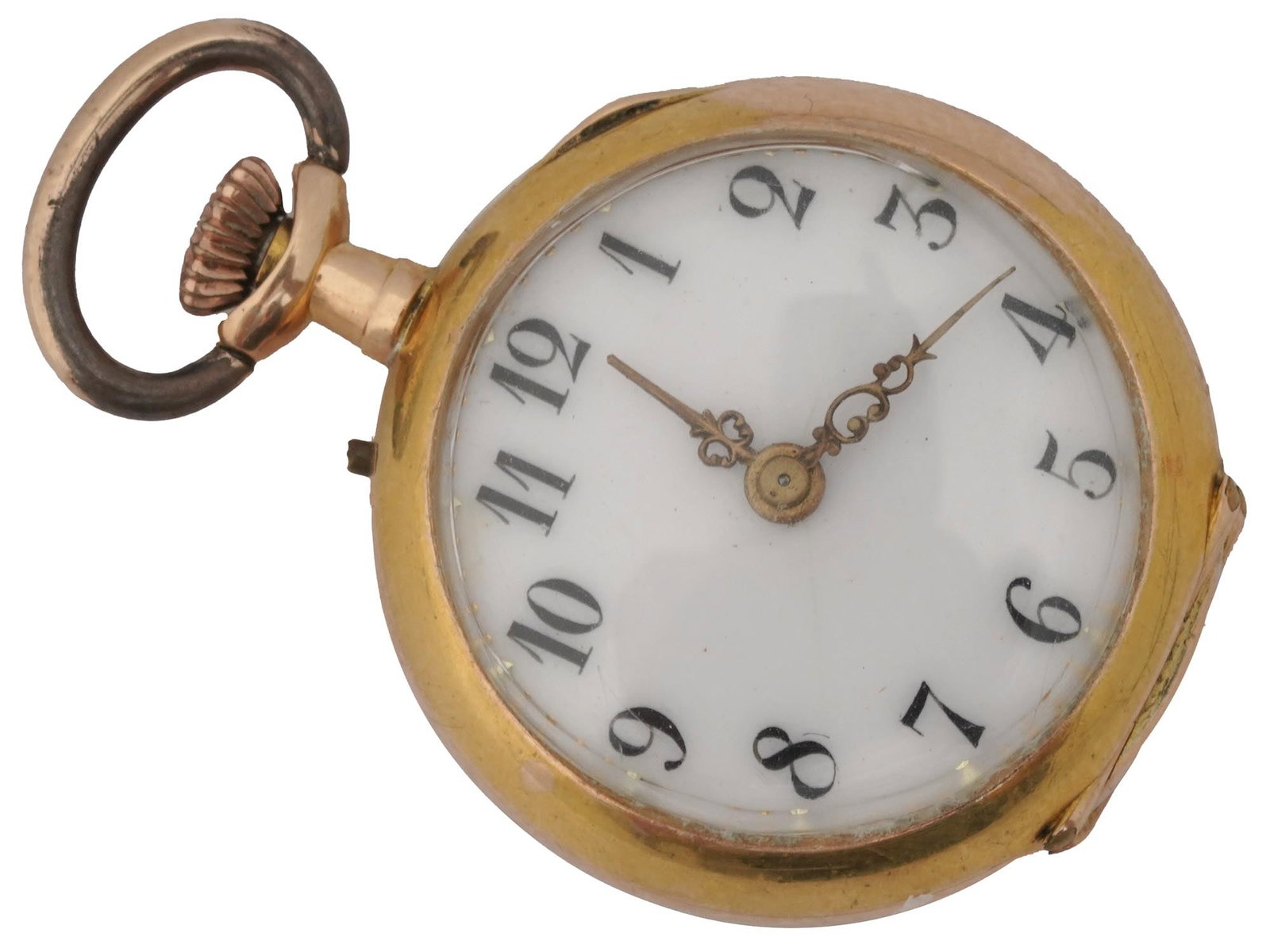 18K GOLD AND DIAMONDS LEROY JEWELRY POCKET WATCH: An antique 18K Yellow Gold Leroy pocket watch. A white enameled dial with black Arabic numerals and gold tone hour markers. The case is adorned with an engraved star motif and encrusted with diamonds 
