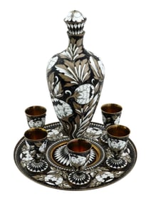 RUSSIAN SOVIET GILT SILVER CLOISONNE ENAMEL VODKA SET