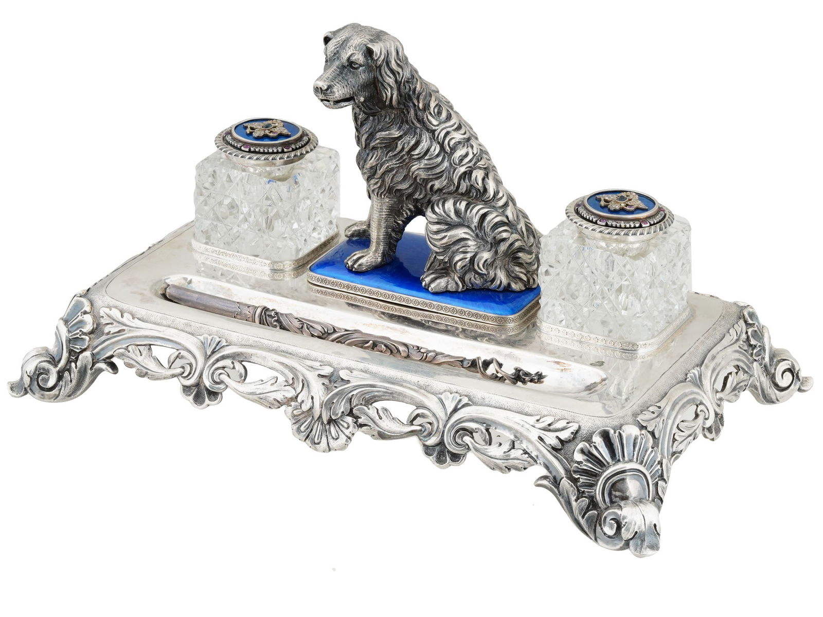 RUSSIAN SILVER CRYSTAL ENAMEL DIAMONDS DOG INKWELL SET (1 of 7)