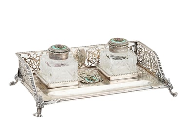RUSSIAN SILVER ENAMEL INKWELL SET W DIAMONDS AND GEMS
