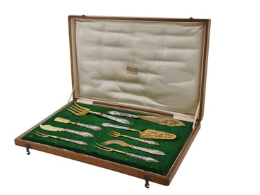 RUSSIAN SILVER CUTLERY SET OF 9 SERVING PIECES IN A BOX