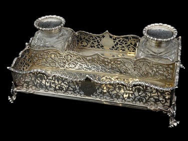 ANTIQUE CHARLES AND GEORGE FOXGLASS AND SILVER INKWELL