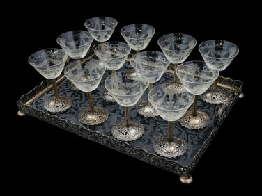 SET OF 12 ANTIQUE GERMAN SILVER GLASS CUPS WITH TRAY