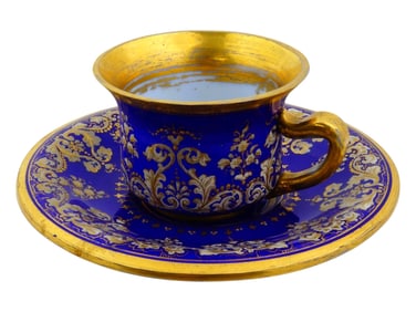 ANTIQUE ENAMELED OPALINE GLASS TEA CUP AND SAUCER