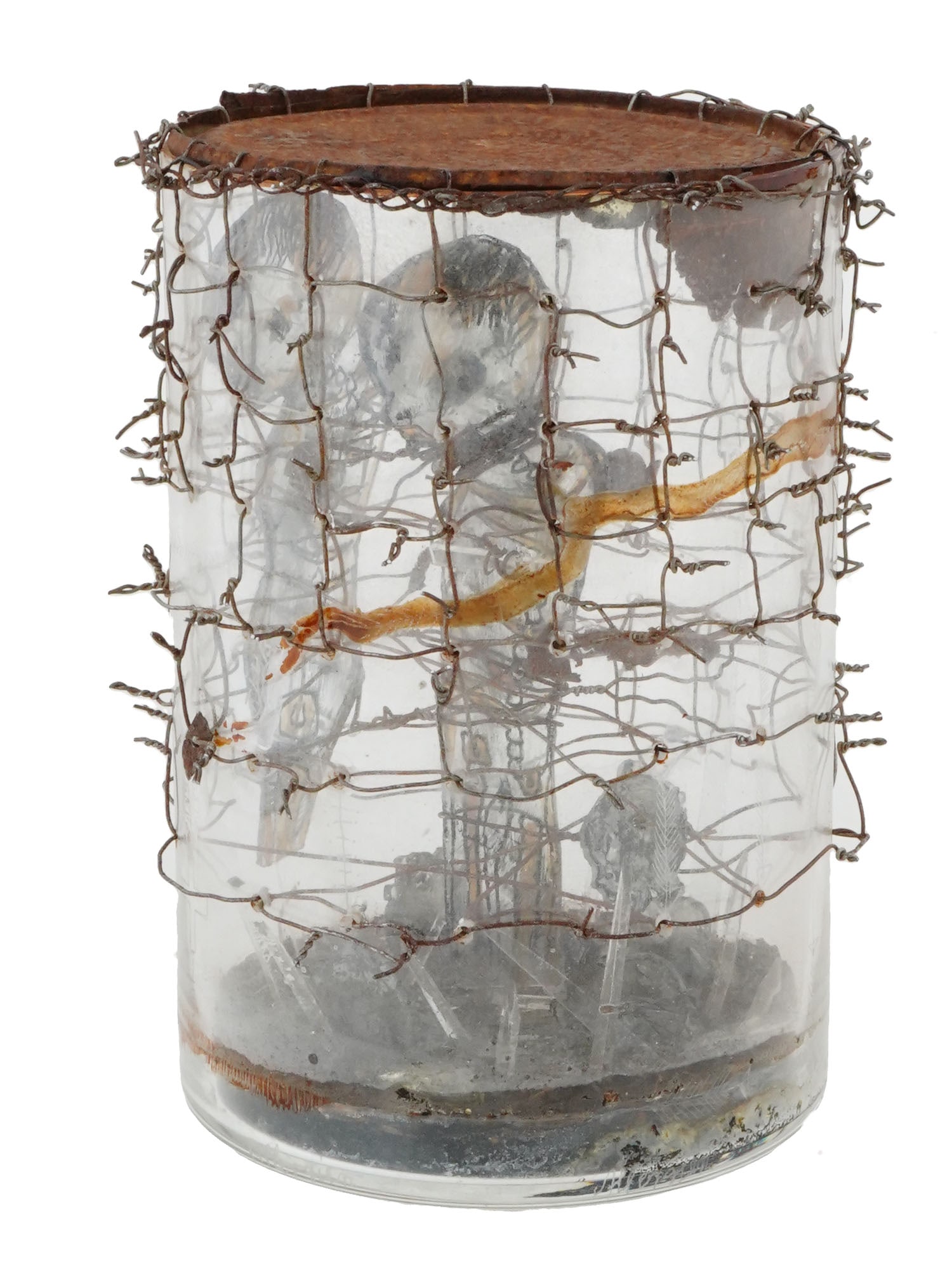 SIBYLLE PERETTI GERMAN MIXED MEDIA SCULPTURE: Sculpture by Sibylle Peretti, born 1964, a German artist and glass designer based in New Orleans, the US. Assembled glass cylinder with metal wire and figures of two babies inside. Titled Glaskonserve