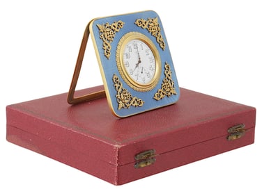 ART DECO ST SILVER GUILLOCHE ENAMEL CLOCK BY CARTIER