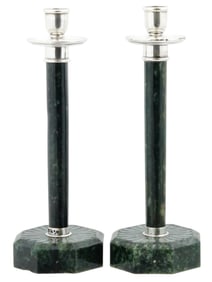 PAIR OF SPANISH YAMANAKA JADE AND SILVER CANDLESTICKS