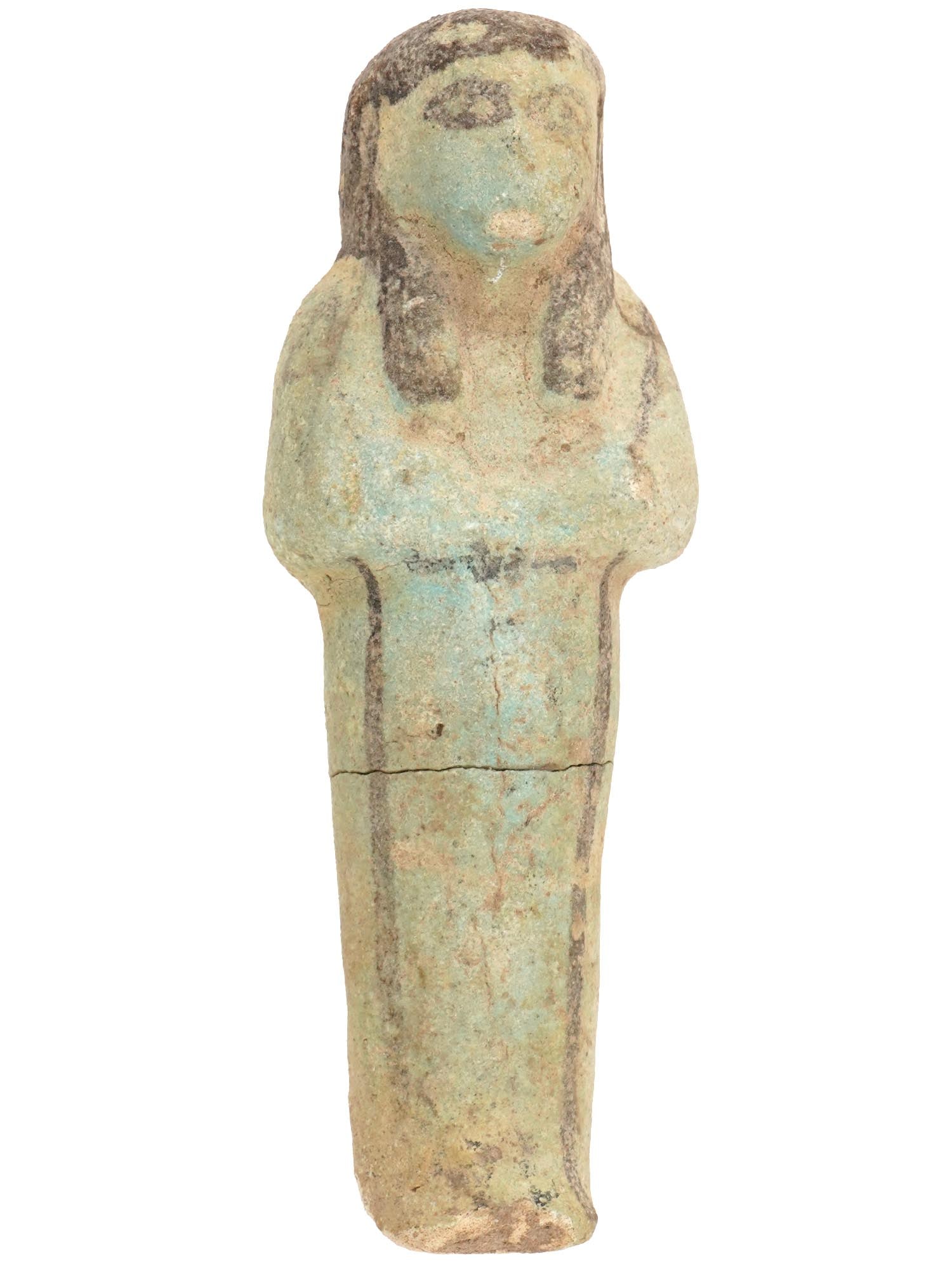 ANCIENT EGYPTIAN 18TH DYNASTY FAIENCE USHABTI FIGURINE: An ancient Egyptian 18th dynasty faience ushabti figurine. Painted featuring a dark hair and eyes. Circa 1550 to 1292 BC. Museum Pieces, Ancient and Antique Egyptian Faience Wares For Collectors. Dime