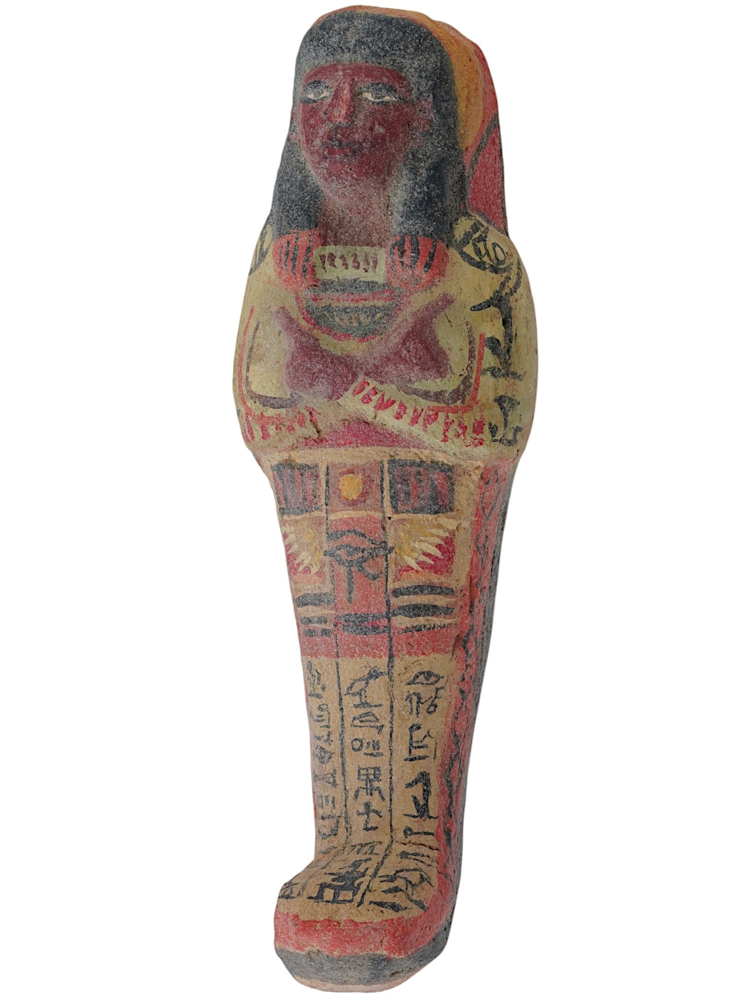 ANCIENT EGYPTIAN PAINTED TERRACOTTA USHABTI FIGURINE: An ancient Egyptian hand painted terracotta ushabti burial sculpture, circa 1570 to 1342 BC. The sculpture depicts a figure standing in mummiform. Adorned with hieroglyphs. The ushabti also called sha