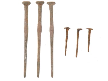 LOT OF FIVE ANCIENT BRONZE AND IRON CRUCIFIXION NAILS