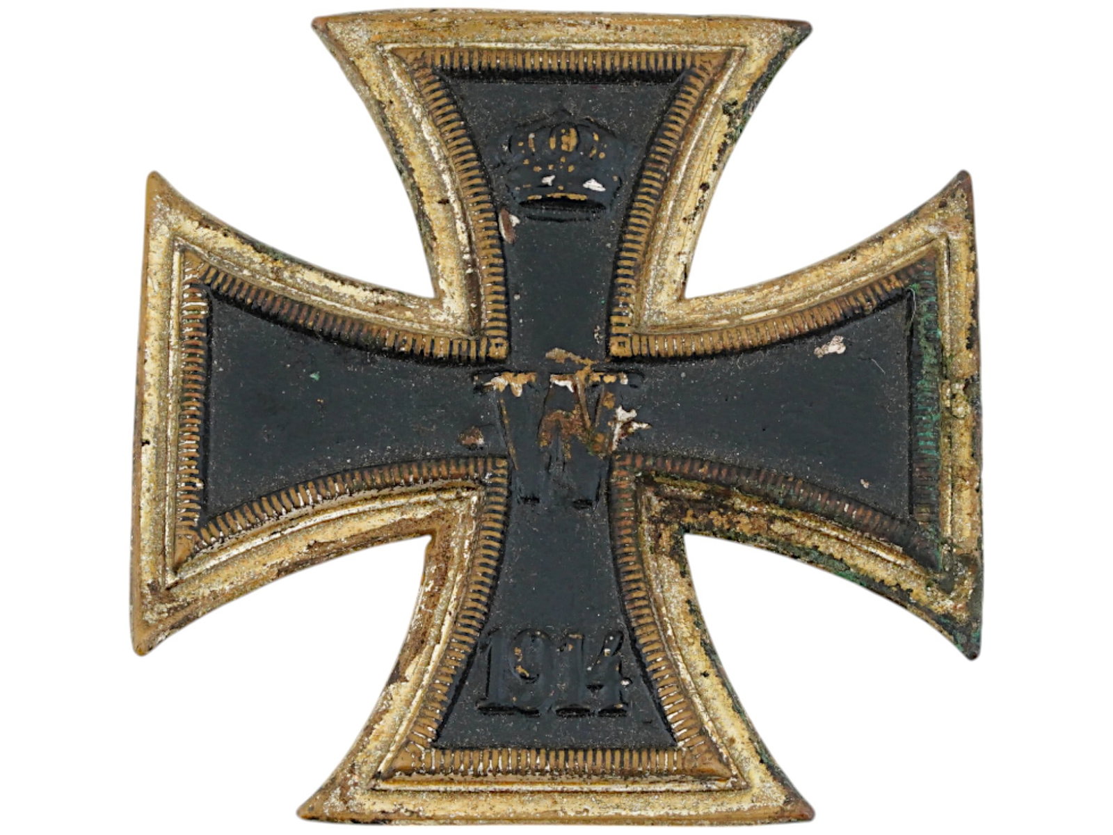 WWII ERA GERMAN SS THIRD REICH IRON CROSS BADGE 1914: A WWII era German SS Third Reich iron cross badge features a crown on the top, a W letter and date 1914 lower. Second World War Nazi German Third Reich Medals, Badges, Military and Historical Collecti