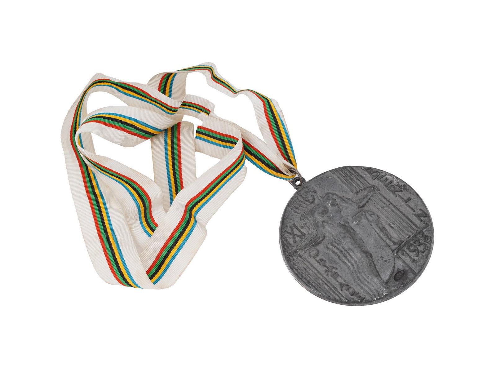 1936 GERMAN XI OLYMPIC GAMES BERLIN PARTICIPANTS MEDAL: A 1936 German Olympic Games participants medal, awarded to commemorate the XI Olympiad held in Berlin, was given to participants of the 1936 Summer Olympics. The obverse of the medal depicts five male