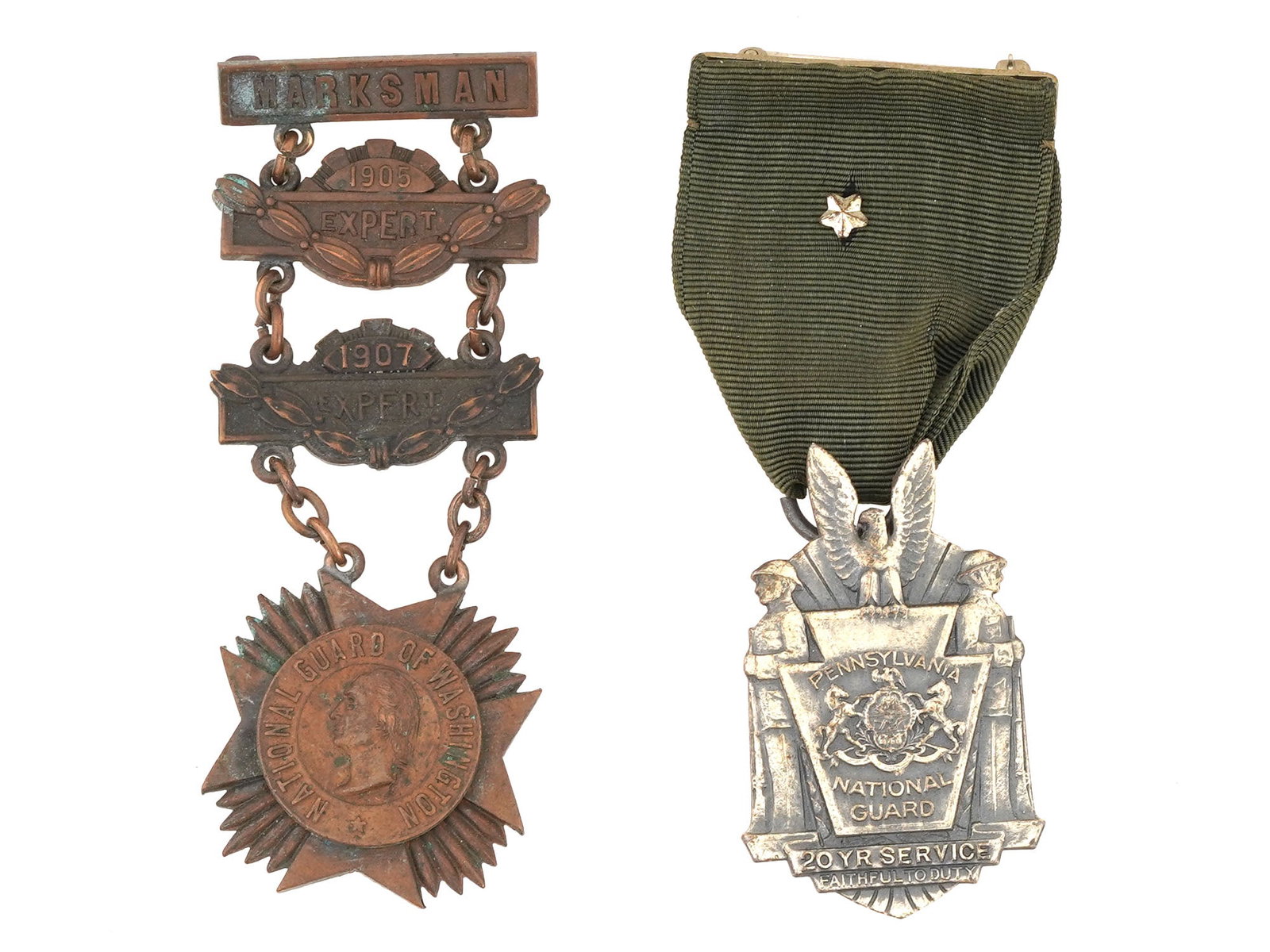 TWO AMERICAN MILITARY NATIONAL GUARD MEDALS: Two American military National Guard medals including the National Guard of Washington Medal and the Pennsylvania National Guard 20 Year Service Medal, the latter recognizing two decades of dedicated 