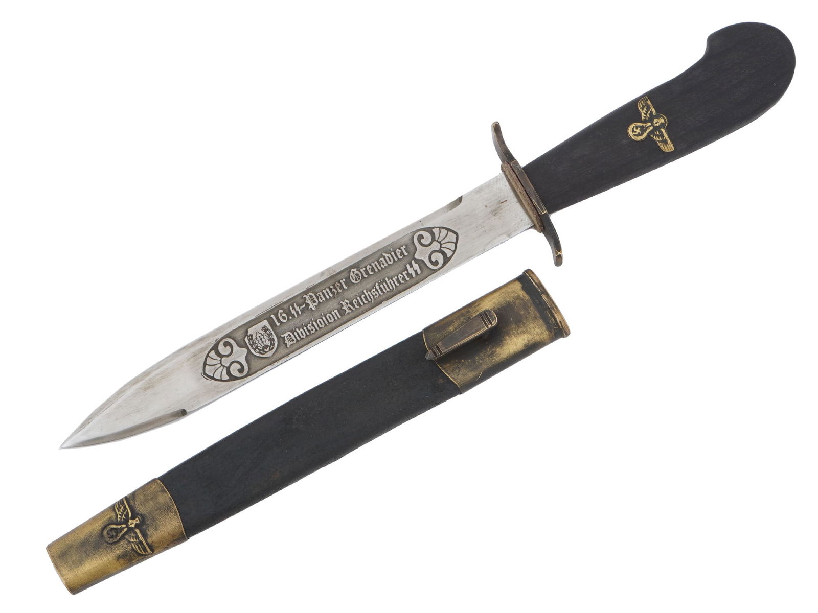 WWII GERMAN WAFFEN SS PANZER GRENADIER DIVISION DAGGER: This is a vintage model of WWII Nazi German Waffen SS dagger featuring a steel pointed blade, which reads the etched inscription in German 16th SS Panzergrenadier Division Reichsfuhrer-SS and holds th