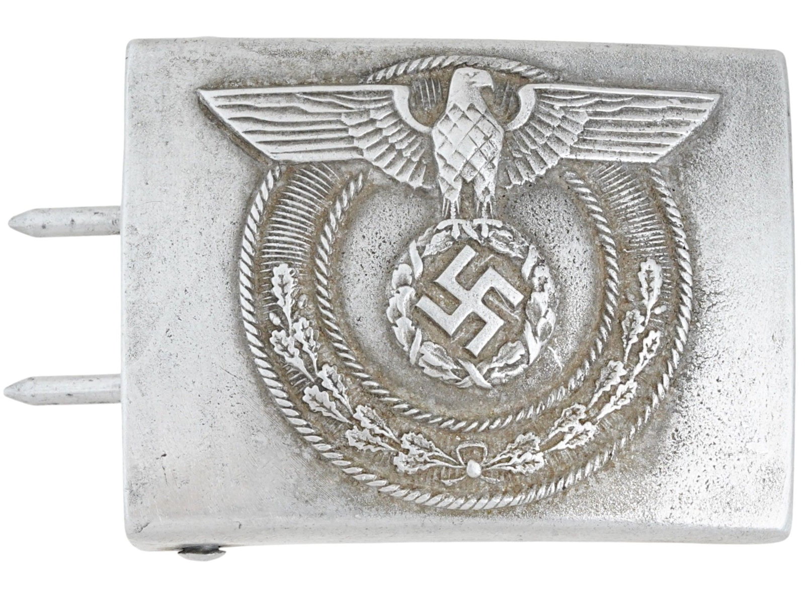 WWII MODEL NAZI GERMAN SS OFFICERS BELT BUCKLE: A World War II type Nazi German SS officers aluminum belt buckle. Square buckle with embossed depictions of the Reichsadler, swastika. Hallmarked, M 4 22, on the backside. Second World War Historical 