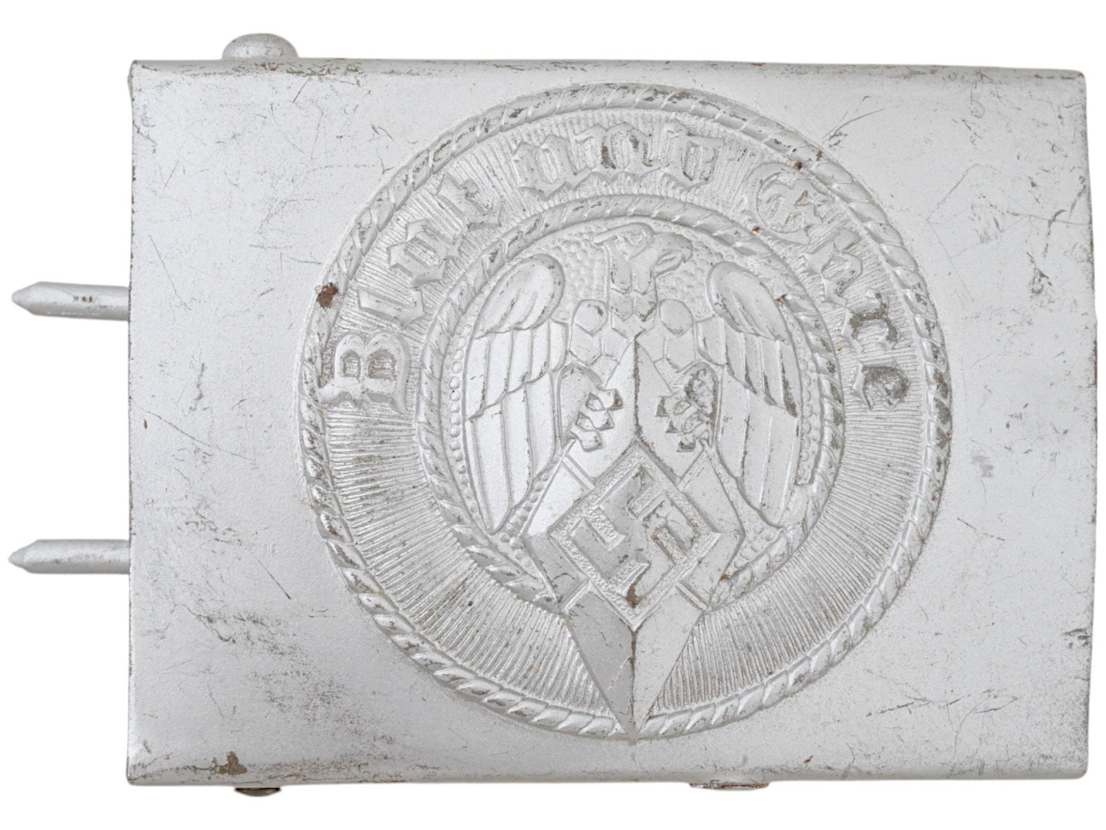 WWII MODEL NAZI GERMAN HITLERJUGEND BELT BUCKLE: A World War II type Nazi German aluminum belt buckle with Hitler Youth swastika emblem and the motto Blut und Ehre, Blood and Honor. Marked Ges. Gesch. on the backside. Second World War Historical Col