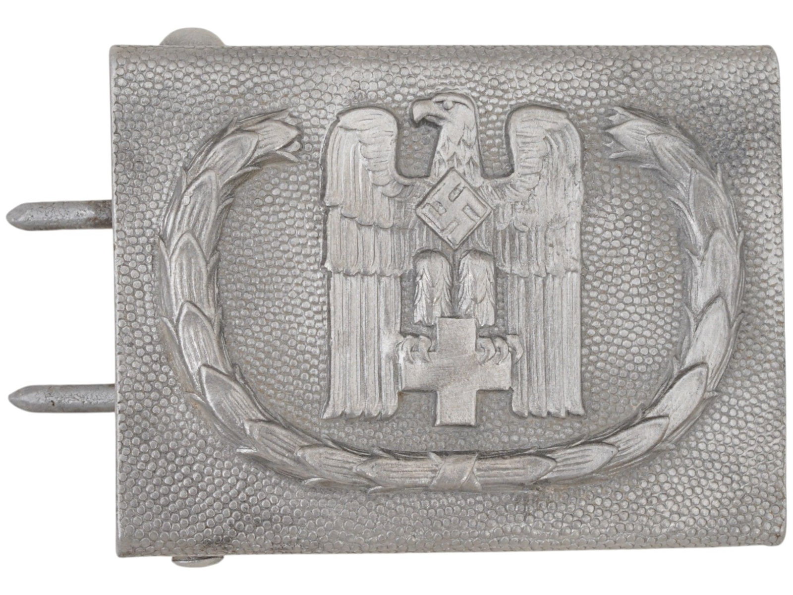 WWII MODEL NAZI GERMAN RED CROSS BELT BUCKLE: A World War II type Nazi German aluminum belt buckle with Reichsadler and Red Cross emblem. Marked 39 Ges. Gesch. on the backside. Second World War Historical Collectables, Third Reich Relics And Mili