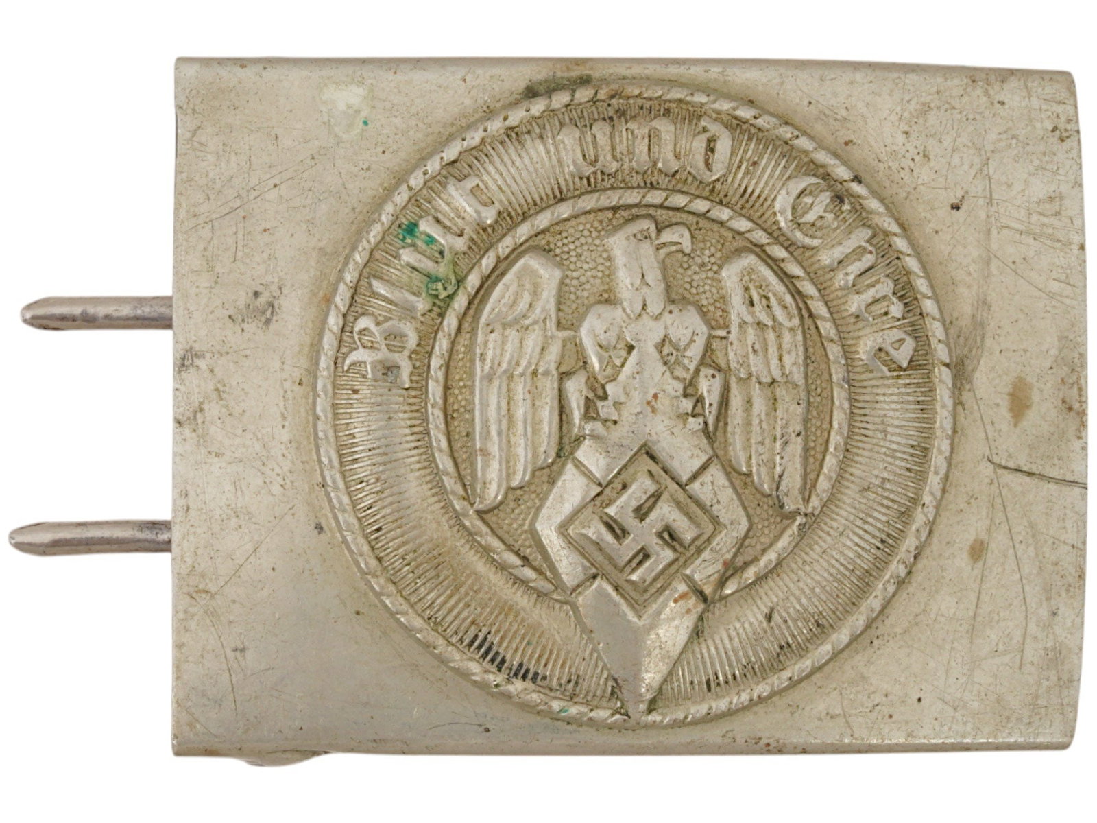 WWII MODEL NAZI GERMAN HITLERJUGEND BELT BUCKLE: A World War II type Nazi German aluminum belt buckle with Hitler Youth swastika emblem and the motto Blut und Ehre, Blood and Honor. Marked Ges. Gesch. A und S on the backside. Second World War Histor