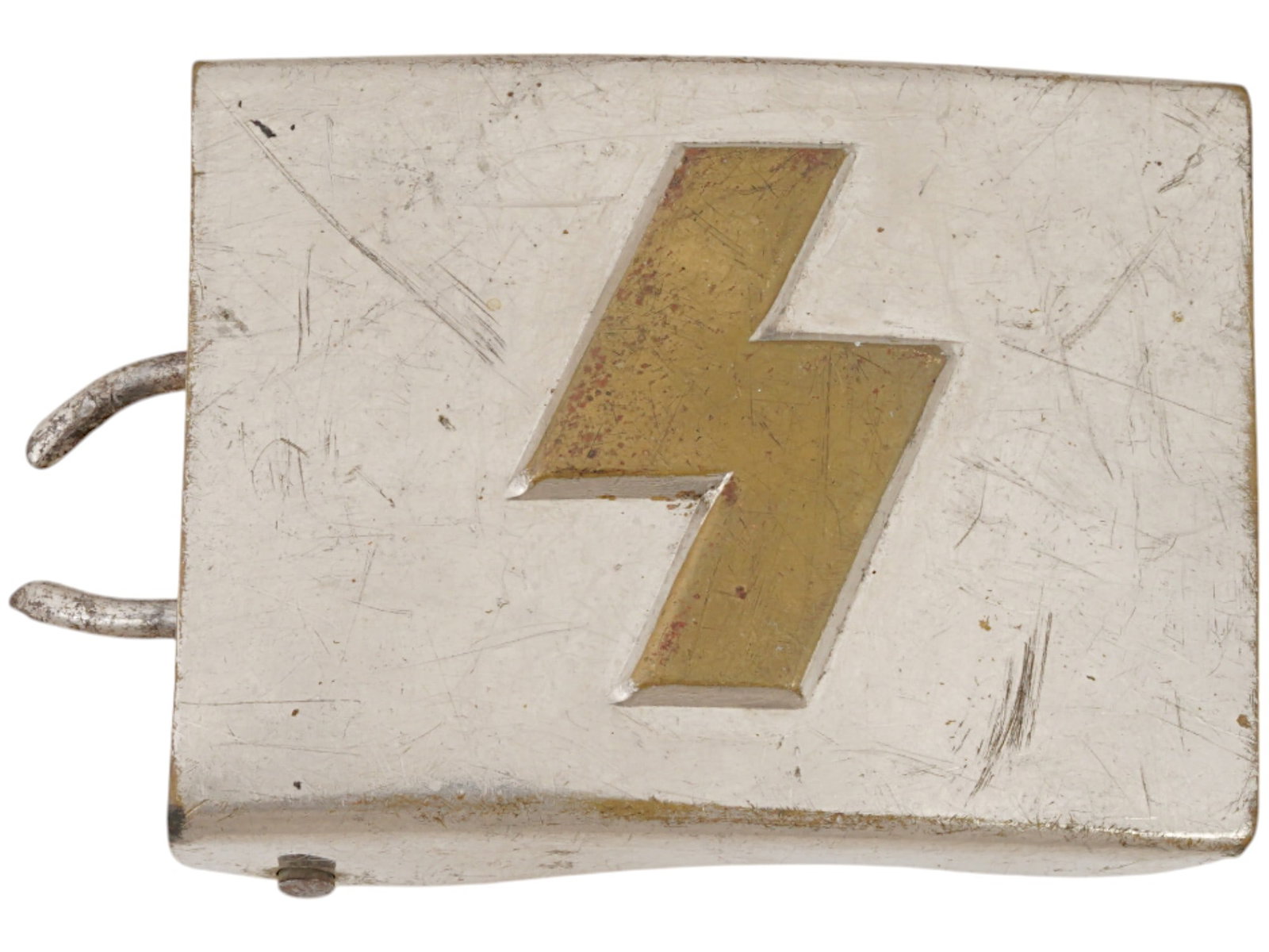 WWII MODEL NAZI GERMAN SS RUNES BELT BUCKLE: A World War II type Nazi German aluminum belt buckle with the S rune, symbol of the Schutzstaffel. Marked RZM UE 72 on the backside. Second World War Historical Collectables, Third Reich Relics And Mi