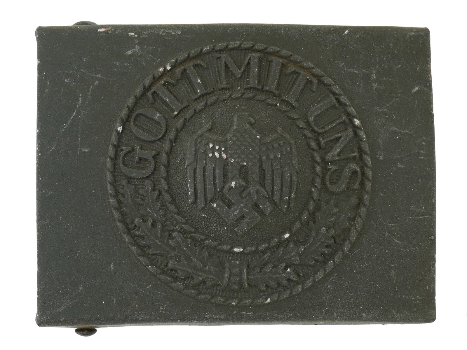 WWII TYPE NAZI GERMAN THIRD REICH SS BELT BUCKLE: A World War II type Nazi German SS military steel belt buckle featuring the embossed Nazi eagle clutching a swastika insignia, surrounded by the oak leaf wreath at the bottom and the motto in German, 